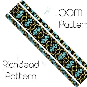 Puede incluir: Un diseño de patrón de telar con un patrón geométrico repetitivo en negro, dorado y turquesa. El texto "LOOM Pattern" y "RichBead Pattern" se muestra en una fuente estilizada.