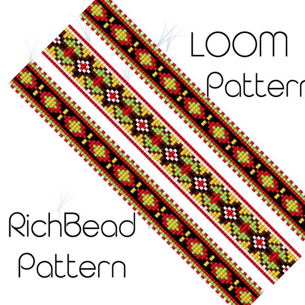 Ethnic skinny beaded bracelet patterns Geometic bead loom patterns pdf Square stitch beading patterns Miyuki delica seed bead pattern PDF