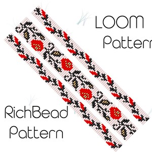 Puede incluir: Un diseño de patrón de telar con un motivo floral. Presenta flores rojas, tallos negros y detalles dorados sobre un fondo claro. Se muestra el texto "LOOM Pattern" y "RichBead Pattern".