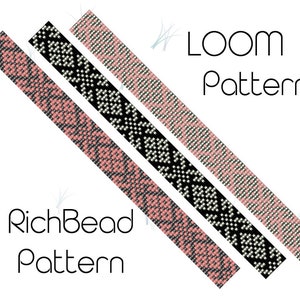 May include: Three loom beading patterns, one in black and white, one in pink and black, and one in pink and white. The patterns are labeled "LOOM Pattern" and "RichBead Pattern".