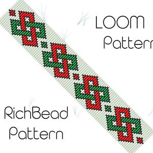 May include: A loom beading pattern with red and green squares on a white background. The pattern is called "LOOM Pattern" and "RichBead Pattern".