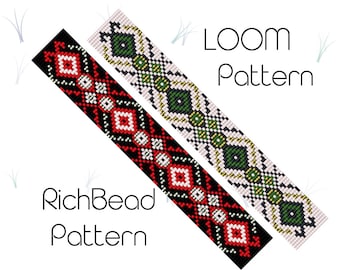 May include: Two loom patterns are displayed, one in red, white, and black, and the other in green, white, and black. The patterns feature geometric designs. The text "LOOM Pattern" and "RichBead Pattern" are also visible.