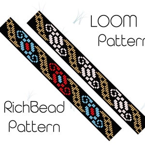 Puede incluir: Dos patrones de telar con diseños intrincados. Uno es negro con acentos rojos, azules y dorados, el otro es negro con acentos blancos y dorados. Se muestra el texto "LOOM Pattern" y "RichBead Pattern".