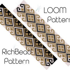 Può includere: Modello di perline per telaio in nero, bianco e oro per un braccialetto. Il motivo presenta un design geometrico ripetitivo con una forma di diamante al centro.