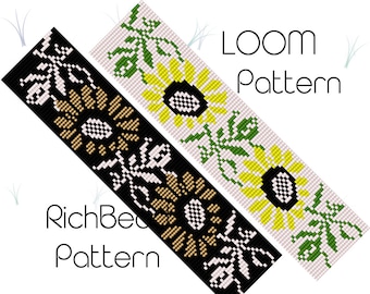 Sunflower miyuki delica bead loom bracelet pattern Daisy beading loom patterns Seed bead loom patterns Bracelet beading PDF WORD CHAPT