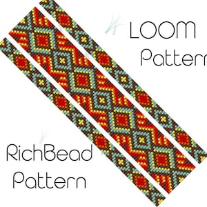 Può includere: Un design di motivo per telaio digitale con un motivo geometrico in rosso, verde acqua, giallo e marrone. Il testo "LOOM Pattern" e "RichBead Pattern" è visualizzato su sfondo bianco.