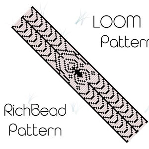 以下が含まれることがあります： 「LOOM Pattern」と「RichBead Pattern」のテキストが書かれた白黒のビーズ織りパターンです。