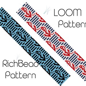 May include: Two loom patterns are shown, one in light blue and black, the other in red, white, and blue. The patterns are rectangular with geometric designs. Text on the image reads "LOOM Pattern" and "RichBead Pattern".