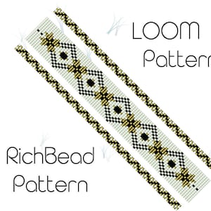 Puede incluir: Un diseño de patrón de telar digital con el texto "LOOM Pattern" y "RichBead Pattern". El diseño presenta una banda central con formas geométricas negras, doradas y blancas, flanqueada por bandas paralelas con un patrón repetitivo.