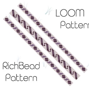 May include: A loom pattern for a beaded bracelet with a wavy design. The pattern is shown in three rows, with each row showing a different stage of the pattern. The beads are white with purple accents. The text "LOOM Pattern" and "RichBead Pattern" is also shown in the image.