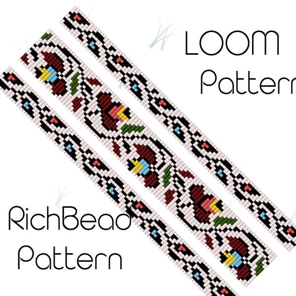 Flower narrow beading loom patterns bracelet Bead loom patterns download Floral thin beaded loom pattern Miyuki delica cuff PDF WORD CHAPT