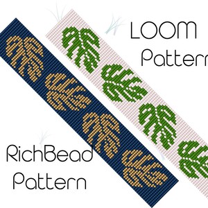 May include: Two loom beading patterns for a bracelet featuring a repeating motif of green and gold monstera leaves on a white and blue background. The text "LOOM Pattern" and "RichBead Pattern" is included in the image.