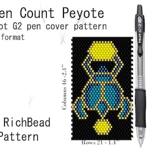 May include: An Even Count Peyote Pilot G2 pen cover pattern in PDF format by RichBead Pattern. The design features a blue and gold scarab beetle graphic on a black background, with dimensions of 46 columns by 21 rows, measuring 2.4 by 1.4 inches.