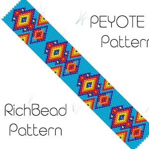 May include: A turquoise beaded bracelet with a geometric pattern of orange, yellow, and blue beads. The pattern is called "Peyote Pattern" and is a "RichBead Pattern".