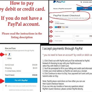 K&ouml;nnte beinhalten: Ein Screenshot einer PayPal-Checkout-Seite mit Anweisungen, wie man mit Debit- oder Kreditkarte bezahlt. Der Text lautet: "Wenn Sie kein PayPal-Konto haben, lesen Sie bitte die Anweisungen in der Artikelbeschreibung." Das Bild zeigt auch eine PayPal-Gast-Checkout-Option, bei der Sie Ihre Karteninformationen eingeben k&ouml;nnen, ohne ein PayPal-Konto zu haben.