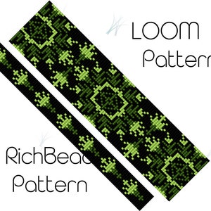 Puede incluir: Un diseño de patrón de telar con un patrón geométrico repetitivo en tonos verdes y negros. El texto "LOOM Pattern" y "RichBead Pattern" se muestran en una fuente estilizada.