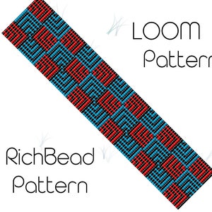 May include: A loom beading pattern with a geometric design featuring red, blue, and black beads. The pattern is labeled "RichBead Pattern" and "LOOM Pattern".