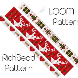 May include: A loom beading pattern featuring a red and white reindeer design with green accents. The pattern is also available as a RichBead pattern.