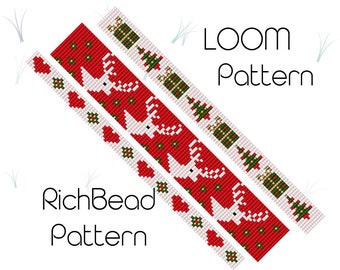 May include: A loom beading pattern featuring a red and white reindeer design with green accents. The pattern is also available as a RichBead pattern.