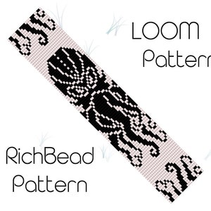 May include: Black and white loom bead pattern for a bracelet featuring a stylised octopus design. The pattern is labelled "RichBead Pattern" and "Loom Pattern".