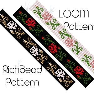 May include: Three loom beading patterns with floral designs. The top pattern is white with pink flowers and green leaves. The middle pattern is black with red flowers and green leaves. The bottom pattern is black with white flowers and gold leaves. The text "LOOM Pattern" and "RichBead Pattern" is visible.