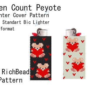 Valentines Bear with Heart Beaded Lighter Cover for Standart Bic | Even count peyote stitch for bic lighters holders