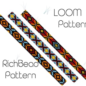 May include: Three colourful beaded loom patterns, with black, red, orange, yellow, and blue beads. The patterns are labelled "Loom Pattern" and "RichBead Pattern".