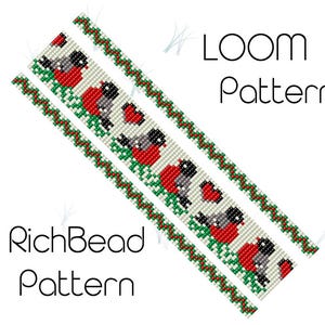 May include: A loom pattern design featuring a repeating pattern of red birds with black and gray details, set against a light background. The design includes green and brown borders. Text reads "LOOM Pattern" and "RichBead Pattern."