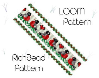 May include: A loom pattern design featuring a repeating pattern of red birds with black and gray details, set against a light background. The design includes green and brown borders. Text reads "LOOM Pattern" and "RichBead Pattern."