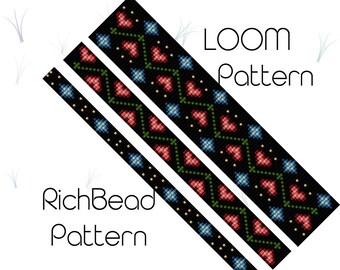 May include: A loom beading pattern with a black background, red hearts, green leaves, and blue flowers. The pattern is repeated three times, getting smaller each time. The text "LOOM Pattern" and "RichBead Pattern" is visible.