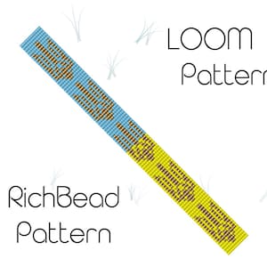 May include: A loom beading pattern with a yellow and blue background and brown beads. The pattern is called "RichBead Pattern" and "LOOM Pattern".