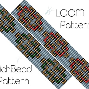 May include: A loom beading pattern with a geometric design featuring red, green, gold, and black beads on a gray background. The pattern is labeled "RichBead Pattern" and "LOOM Pattern".