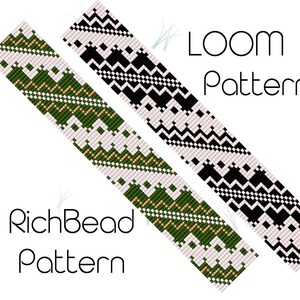May include: Two loom patterns are displayed diagonally. One is green, tan, and white, and the other is black and white. The words "LOOM Pattern" and "RichBead Pattern" are written in black cursive font.