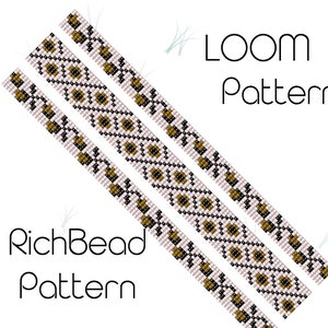 Puede incluir: Tres patrones de tejido de cuentas con cuentas blancas, negras y doradas. Los patrones están etiquetados como "RichBead Pattern" y "LOOM Pattern".