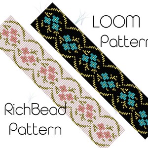 Puede incluir: Se muestran dos patrones de telar. Uno es negro con diseños florales turquesa, y el otro es rosa claro con diseños florales rosas. Los patrones están etiquetados como "LOOM Pattern" y "RichBead Pattern".