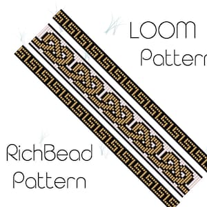 May include: A loom beading pattern with a black and gold Greek key design. The pattern is called "RichBead Pattern" and is a loom pattern.