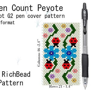 May include: A digital pattern for an Even Count Peyote pen cover, featuring a floral design with blue flowers, red ladybugs, and green vines. The pattern is for a Pilot G2 pen and is in PDF format. The design is 1.4 inches by 2.4 inches.