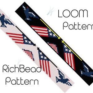 May include: Two beading patterns for a bracelet featuring an American flag design with red, white, and blue beads. The top pattern is labeled "Loom Pattern" and the bottom pattern is labeled "RichBead Pattern".