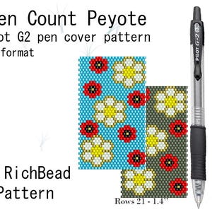 May include: A digital PDF pattern for an Even Count Peyote Pilot G2 pen cover. The design features floral patterns with red, white, and yellow beads on a blue and gray background. The pattern is by RichBead Pattern.