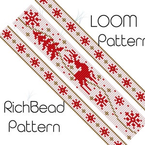 K&ouml;nnte beinhalten: Ein Webmuster f&uuml;r Perlen mit einem roten und wei&szlig;en Schneeflockenmuster mit goldenen Akzenten. Das Muster ist mit "LOOM Pattern" und "RichBead Pattern" beschriftet.