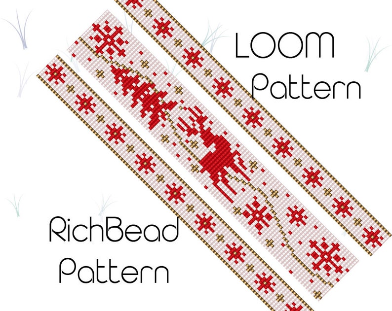 K&ouml;nnte beinhalten: Ein Webmuster f&uuml;r Perlen mit einem roten und wei&szlig;en Schneeflockenmuster mit goldenen Akzenten. Das Muster ist mit "LOOM Pattern" und "RichBead Pattern" beschriftet.