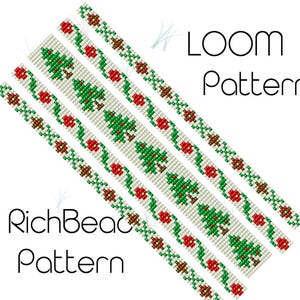 Puede incluir: Un diseño de patrón de telar con patrones repetidos de árboles de Navidad verdes y flores rojas sobre un fondo blanco. También se ve el texto "LOOM Pattern" y "RichBead Pattern".