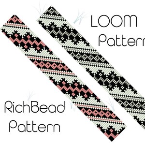 May include: Two loom patterns with geometric designs. One pattern features a combination of black, pink, and white, while the other showcases black and white. The text "LOOM Pattern" and "RichBead Pattern" are also visible.