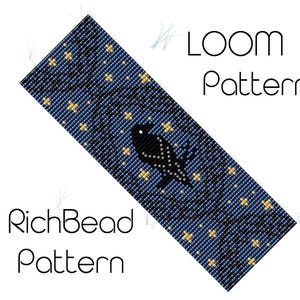 May include: A loom pattern design with a black raven on a dark blue backdrop, adorned with yellow stars. The text "LOOM Pattern" and "RichBead Pattern" are displayed in white.