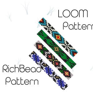 May include: Four colorful loom beading patterns, each with a different design. The patterns are arranged in a diagonal line, with the top pattern being blue, white, and orange, the second pattern being green, black, and yellow, the third pattern being white, black, and red, and the bottom pattern being blue, black, and white. The text "LOOM Pattern" is at the top of the image, and the text "RichBead Pattern" is at the bottom of the image.