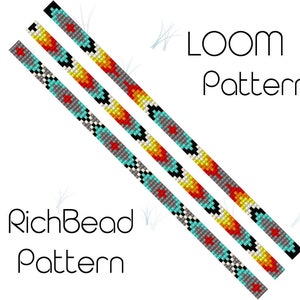 May include: Three loom beading patterns with a colorful geometric design. The patterns are made with black, white, gray, red, orange, yellow, and turquoise beads. The text "LOOM Pattern" and "RichBead Pattern" is visible in the image.