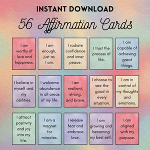 56 Pastel Rainbow Daily Affirmation Cards Printable –Positive Self-Love Quotes for Mindfulness, Motivation, Mental Health | Instant Download