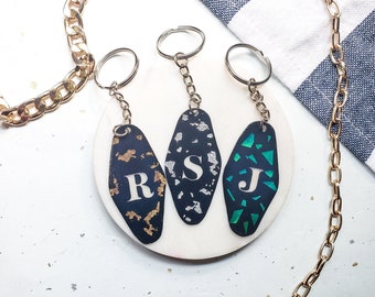 Black Hotel Key Tag Initial Keychain, Gold Flake, Silver Flake, Iridescent Flake, Initial Keychain, Monogram Keychain, Gift for Her