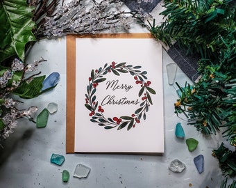 Watercolor Wreath Christmas Card, Christmas Wreath Greeting Card, Blank Holiday Card, Calligraphy Card, Illustrated Card,Holiday Calligraphy