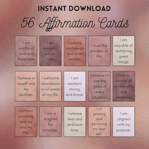 56 carte di affermazioni quotidiane con colori neutri caldi da stampare, citazioni positive sull'amore per se stessi per consapevolezza, motivazione e salute mentale, download immediato